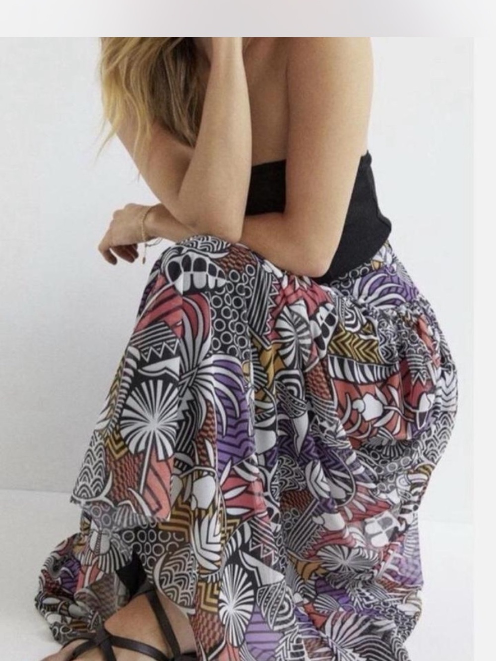 Farm Rio Anthropologie Black Waistband Floral Wave Maxi Skirt - Picture 2 of 9